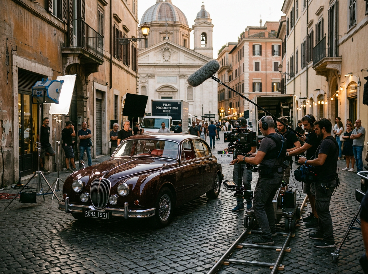Classic Jaguar on film set in Rome