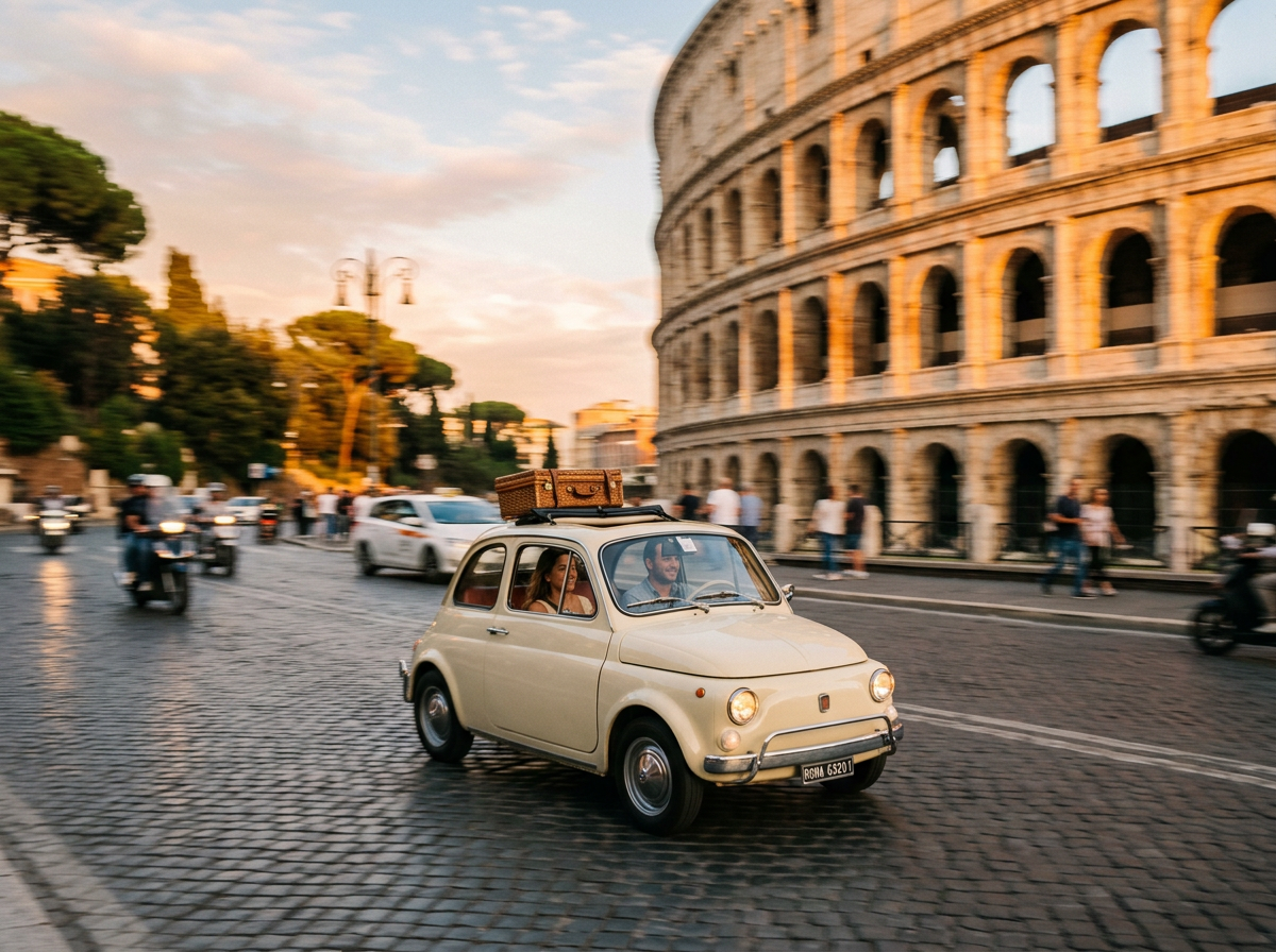 Fiat 500 in motion past Colosseum
