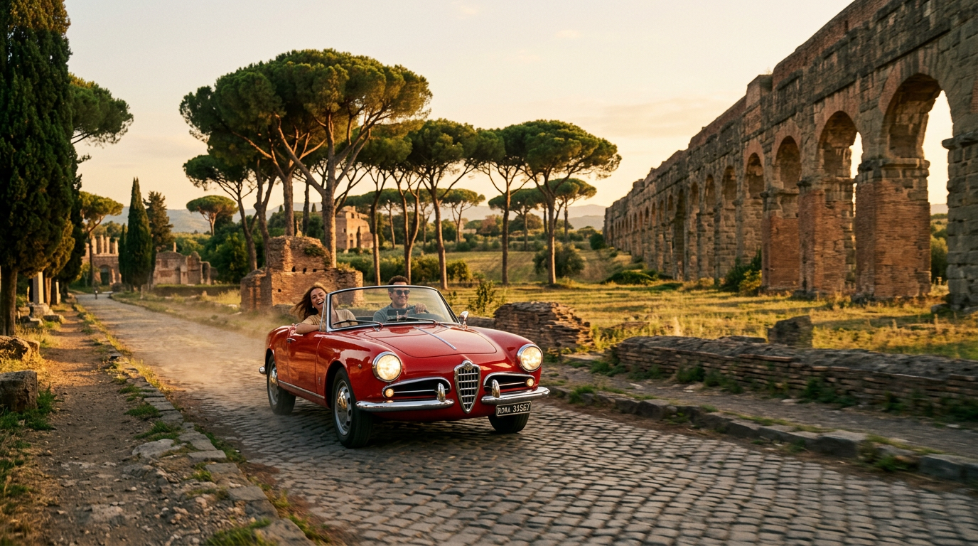 Vintage classic car on the Appian Way surrounded by Roman pines