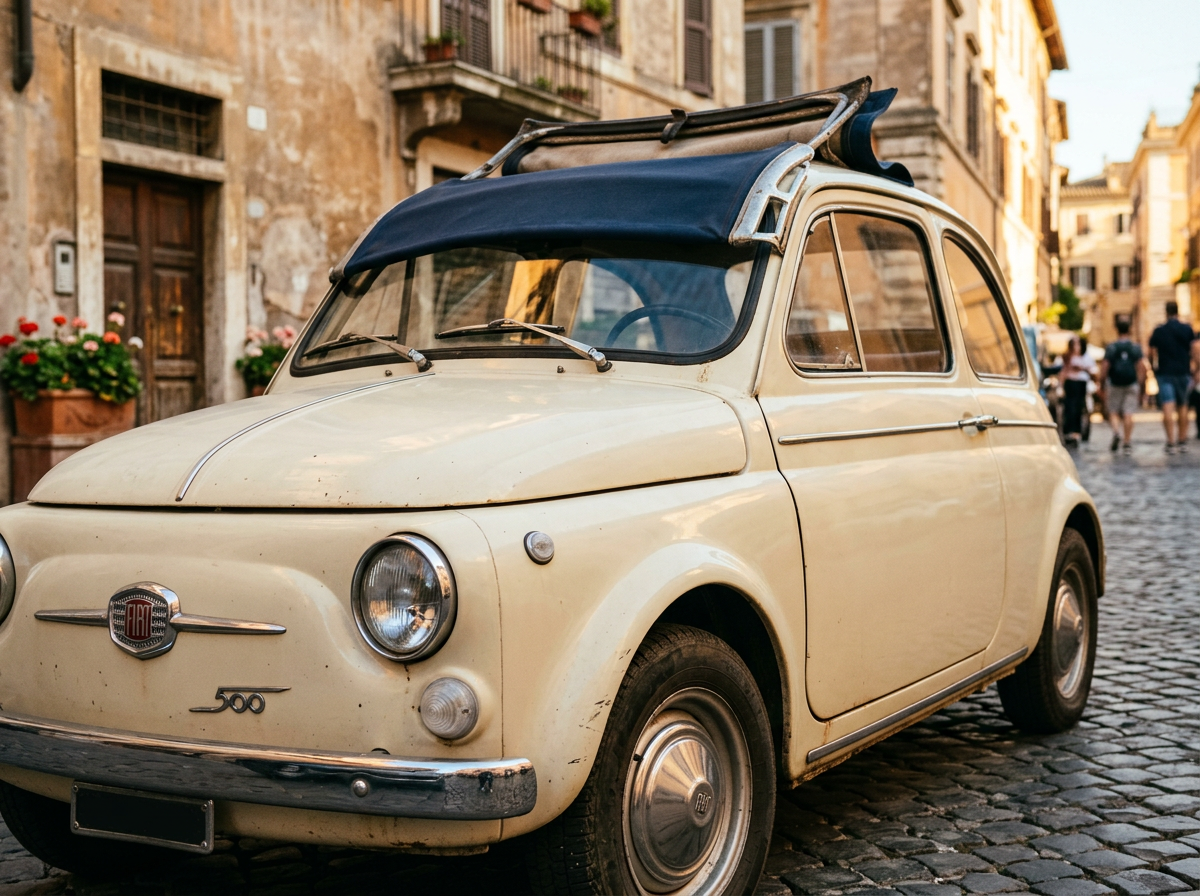 Close-up of vintage Fiat 500 chrome trim and canvas roof details