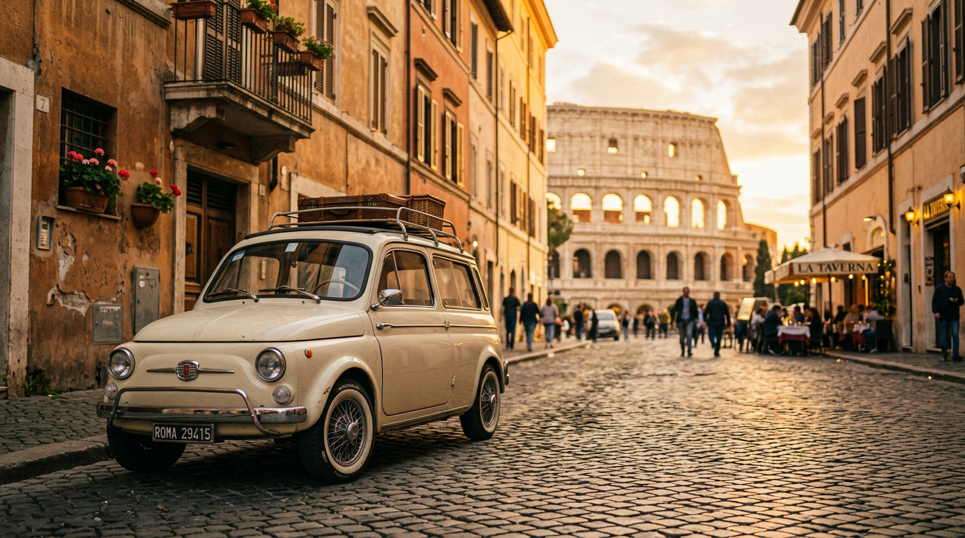 Fiat 500 parked on a cobbled Roman street